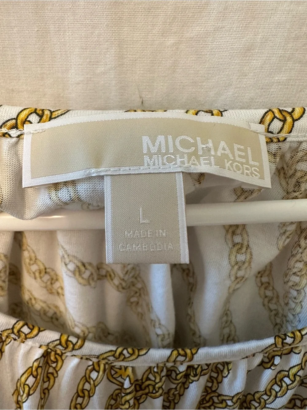 Michael Kors Chain Print Bell Sleeve Top White Gold Modal Blend Size Large